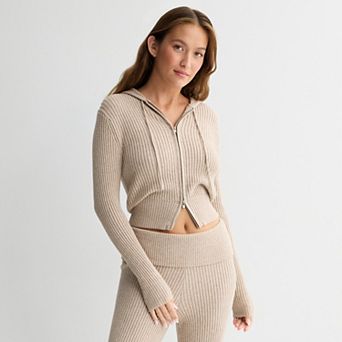 Juniors' madden girl Ribbed Hooded Double Zip Front Cardigan