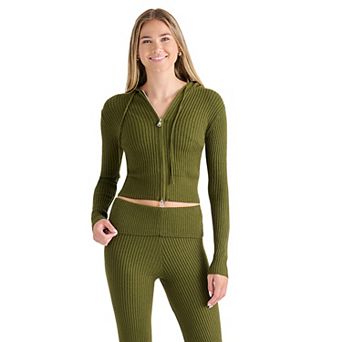 Juniors' madden girl Ribbed Hooded Double Zip Front Cardigan