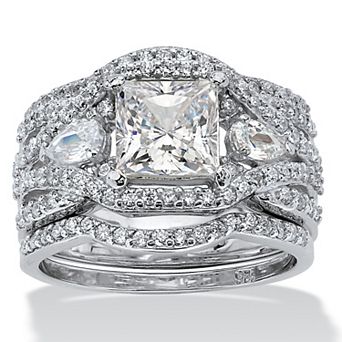 PalmBeach Jewelry 2.82 TCW CZ Platinum-plated Sterling Silver 3 pc Highway Bridal Ring Set