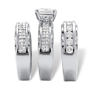 PalmBeach Jewelry 3.10 Cttw. Silvertone Princess-Cut Cubic Zirconia 3-Piece Wedding Ring Set