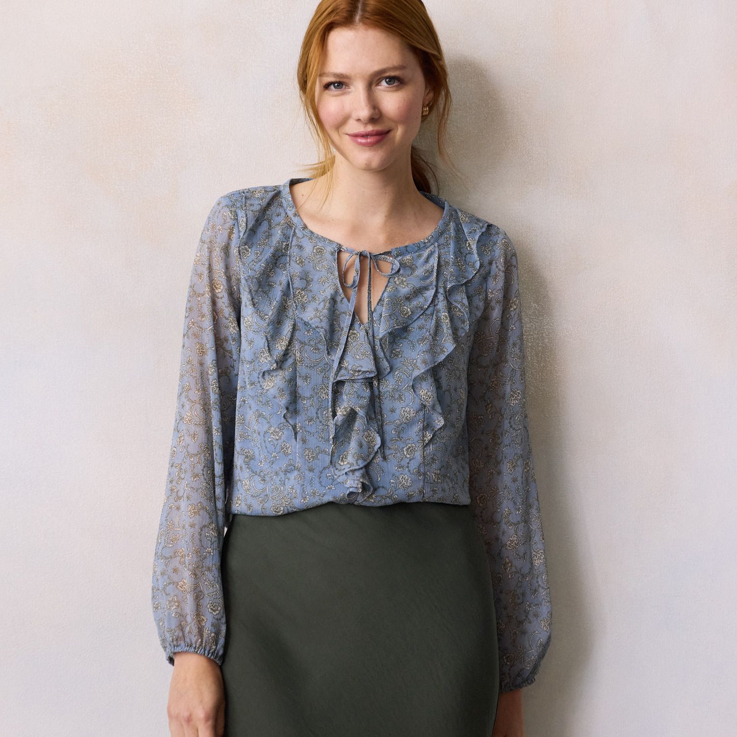 Женская блузка LC Lauren Conrad Long Sleeve V-Neck, цвет: Синий — фото 1