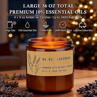 Large 36oz Scented Candle Set of 4 Natural Soy Wax with Lavender and Sage