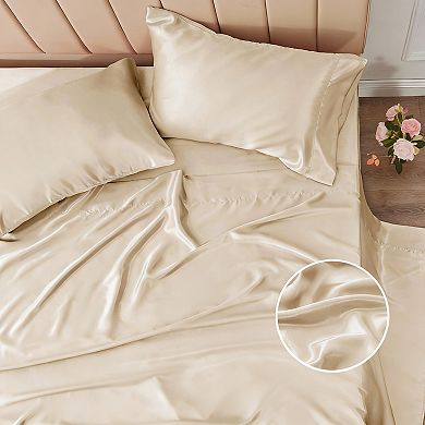 Queen Size Satin Sheet Set - 4 Piece Soft Polyester Microfiber