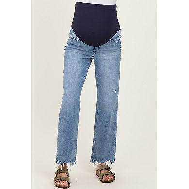 Maternity Blue Distressed Frayed Hem Slim Maternity Wide Leg Jeans