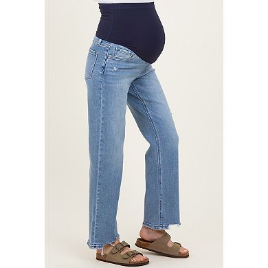 Maternity Blue Distressed Frayed Hem Slim Maternity Wide Leg Jeans