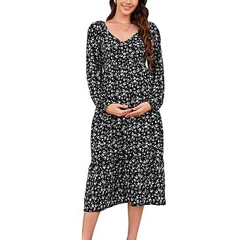Maternity Floral Midi Dress V Neck Long Sleeve Smocked Tiered Flowy Dress