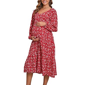 Maternity Floral Midi Dress V Neck Long Sleeve Smocked Tiered Flowy Dress