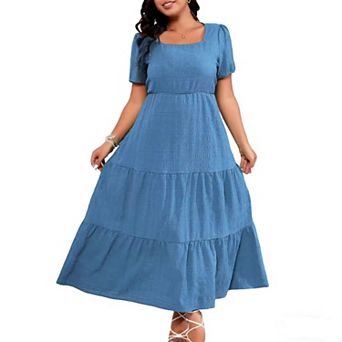 Plus Size Women's Tiered Maxi Dress Square Neck Short Puff Sleeve Textured Casual Summer Dress