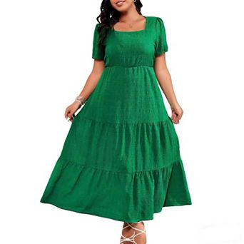 Plus Size Women's Tiered Maxi Dress Square Neck Short Puff Sleeve Textured Casual Summer Dress