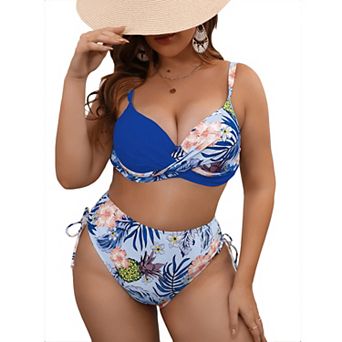 Plus Size Women's Floral Bikini Set Cross-Front Top & High-Cut Bottom Bathing Suit Swimwear