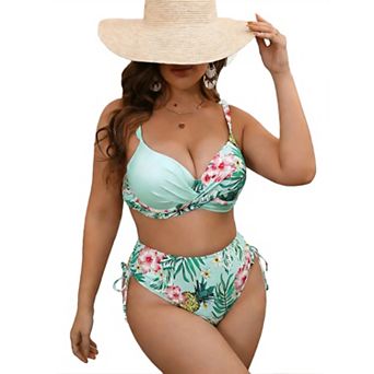 Plus Size Women's Floral Bikini Set Cross-Front Top & High-Cut Bottom Bathing Suit Swimwear