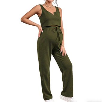Maternity 2 pc Set Ribbed Knit Crop Tank Top & Drawstring Pants Soft Stretch Casual Lounge Wear