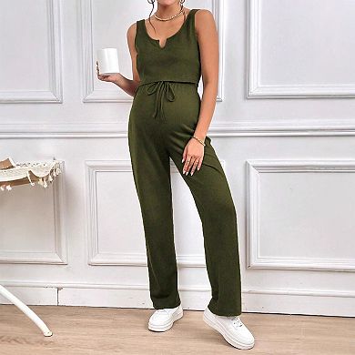 Maternity 2 Piece Set Ribbed Knit Crop Tank Top & Drawstring Pants Soft Stretch Casual Lounge Wear