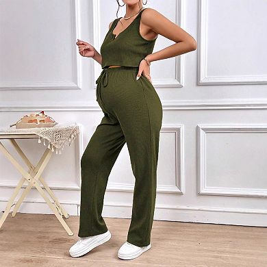 Maternity 2 Piece Set Ribbed Knit Crop Tank Top & Drawstring Pants Soft Stretch Casual Lounge Wear
