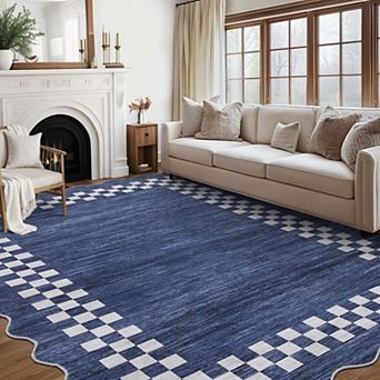 Scalloped Geometric Checkered Washable Area Rug-Stain Resistant Non-Slip Low Pile for Living Room