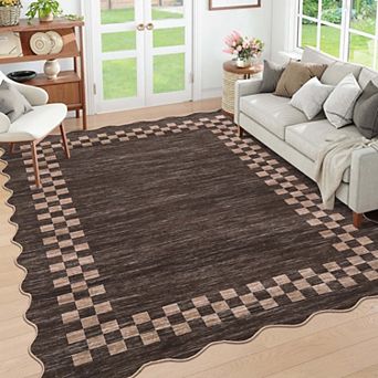 Scalloped Geometric Checkered Washable Area Rug-Stain Resistant Non-Slip Low Pile for Living Room
