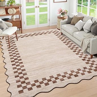 Scalloped Geometric Checkered Washable Area Rug-Stain Resistant Non-Slip Low Pile for Living Room