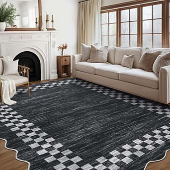 Scalloped Geometric Checkered Washable Area Rug-Stain Resistant Non-Slip Low Pile for Living Room