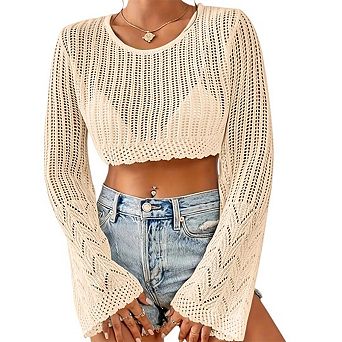Women Crochet Sweater Lightweight Cropped Long Sleeve Hollow Out Knit Cover Up