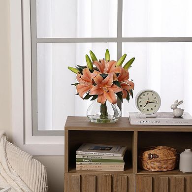 6-Pack Silk Artificial Lilies with Glass Vase, Lifelike Faux Flowers for Home Decor