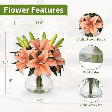 6-Pack Silk Artificial Lilies with Glass Vase, Lifelike Faux Flowers for Home Decor