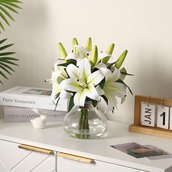 6-Pack Silk Artificial Lilies with Glass Vase, Lifelike Faux Flowers for Home Decor