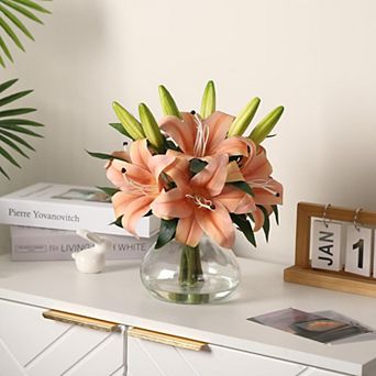 6-Pack Silk Artificial Lilies with Glass Vase, Lifelike Faux Flowers for Home Decor