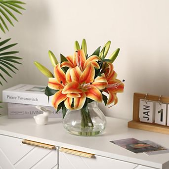 6-Pack Silk Artificial Lilies with Glass Vase, Lifelike Faux Flowers for Home Decor