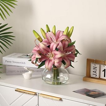 6-Pack Silk Artificial Lilies with Glass Vase, Lifelike Faux Flowers for Home Decor
