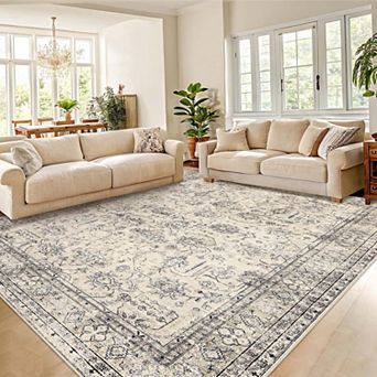 Vintage Distressed Floral Machine Washable Area Rug-Non-Slip Low Pile Rugs for Living Room Bedroom
