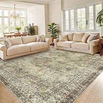 Vintage Distressed Floral Machine Washable Area Rug-Non-Slip Low Pile Rugs for Living Room Bedroom
