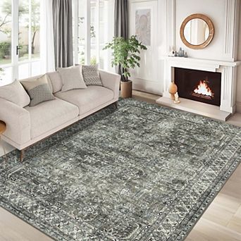 Vintage Distressed Floral Machine Washable Area Rug-Non-Slip Low Pile Rugs for Living Room Bedroom