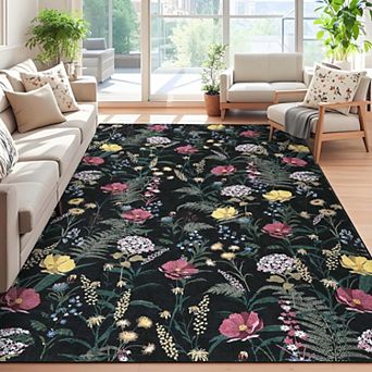 Modern Floral Washable Area Rug-Farmhouse Non-Slip Low Pile Stain Resistant for Living Room Bedroom