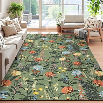 Modern Floral Washable Area Rug-Farmhouse Non-Slip Low Pile Stain Resistant for Living Room Bedroom