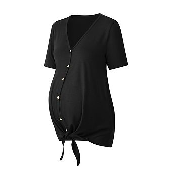 Women V Neck Button Down Maternity Top Short Sleeve Casual Pregnancy Blouses Summer Maternity Shirt