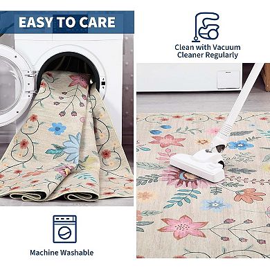 Floral Kitchen Runner Rug-Ultra-Thin Low Pile Soft Indoor Carpet with Non-Slip Backing for Bedroom