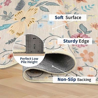 Floral Kitchen Runner Rug-Ultra-Thin Low Pile Soft Indoor Carpet with Non-Slip Backing for Bedroom