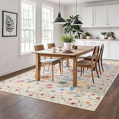Floral Kitchen Runner Rug-Ultra-Thin Low Pile Soft Indoor Carpet with Non-Slip Backing for Bedroom
