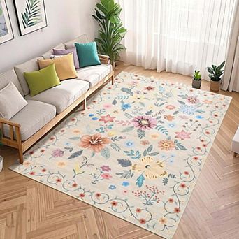 Floral Kitchen Runner Rug-Ultra-Thin Low Pile Soft Indoor Carpet with Non-Slip Backing for Bedroom