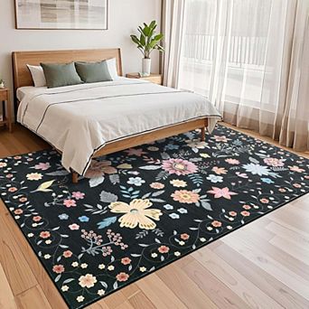 Floral Kitchen Runner Rug-Ultra-Thin Low Pile Soft Indoor Carpet with Non-Slip Backing for Bedroom