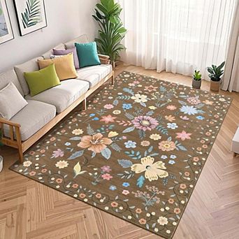 Floral Kitchen Runner Rug-Ultra-Thin Low Pile Soft Indoor Carpet with Non-Slip Backing for Bedroom