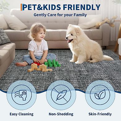 Solid Washable Area Rug-Non-Slip Stain Resistant Low Pile Soft Foldable for Living Room Bedroom