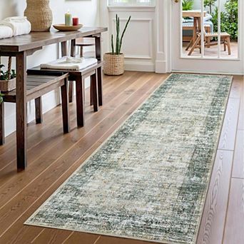 Vintage Distressed Washable Runner,Non-Slip Low Pile Rug for Hallway Kitchen Laundry