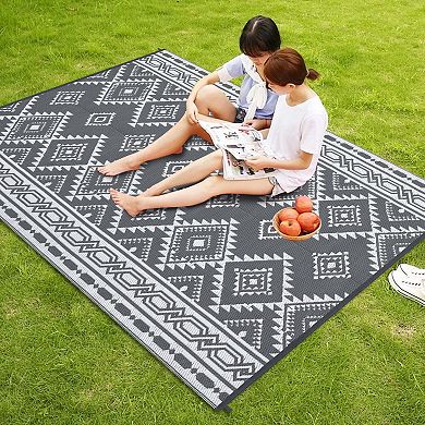 Reversible Plastic Straw Modern Area Rug, Large Floor Mat for Patio Beach Camping Backyard Outdoor