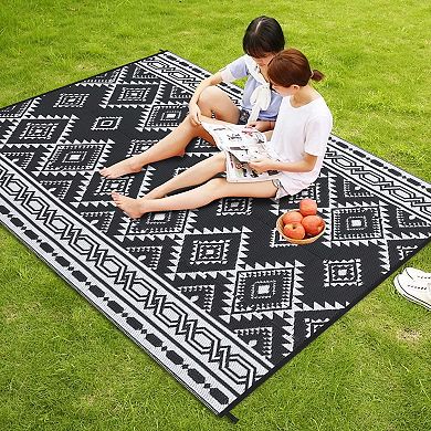 Reversible Plastic Straw Modern Area Rug, Large Floor Mat for Patio Beach Camping Backyard Outdoor