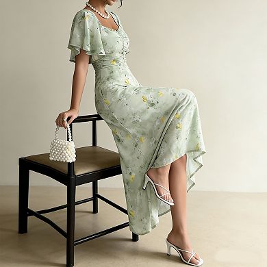 Women's Flutter Sleeve Maxi Dress Square Neck Ruffled Floral Elegant Long Summer Dress