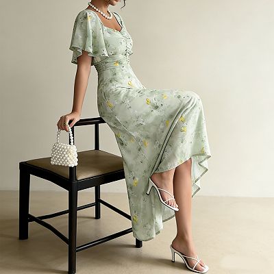 square neck summer maxi dress Red Short Sleeve Square Neck Spring/Summer Maxi Dress