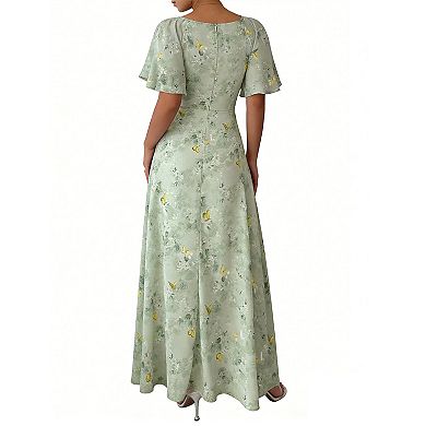 Women's Flutter Sleeve Maxi Dress Square Neck Ruffled Floral Elegant Long Summer Dress