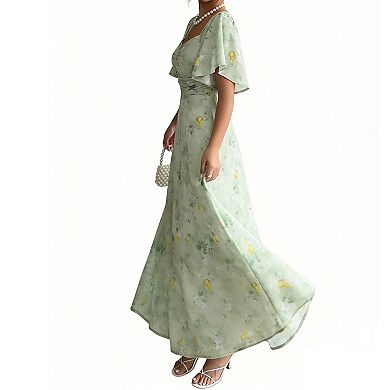Women's Flutter Sleeve Maxi Dress Square Neck Ruffled Floral Elegant Long Summer Dress