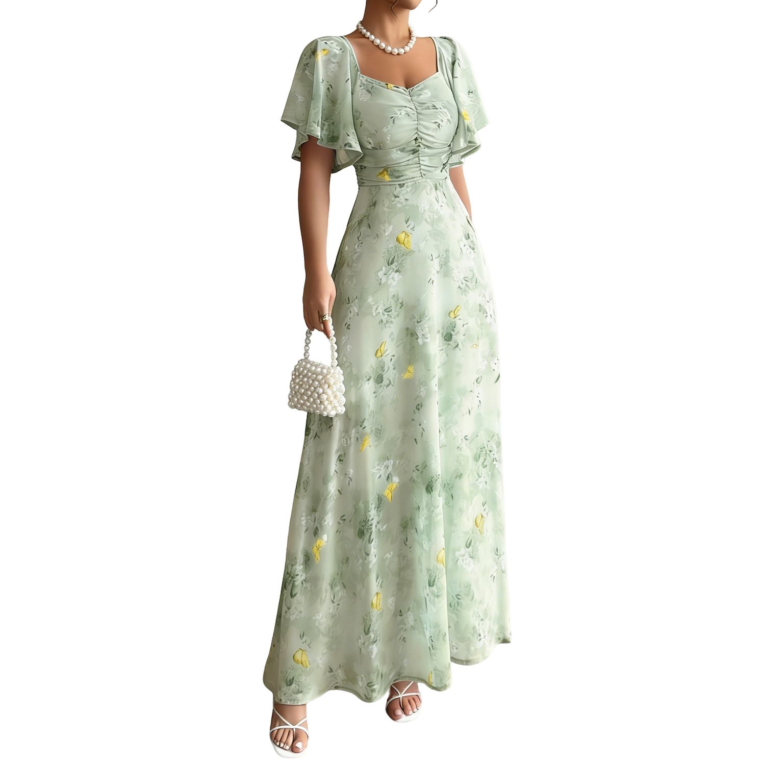 Женские платья Flutter Sleeve Maxi Dress Square Neck Ruffled Floral Elegant Long Summer Dress